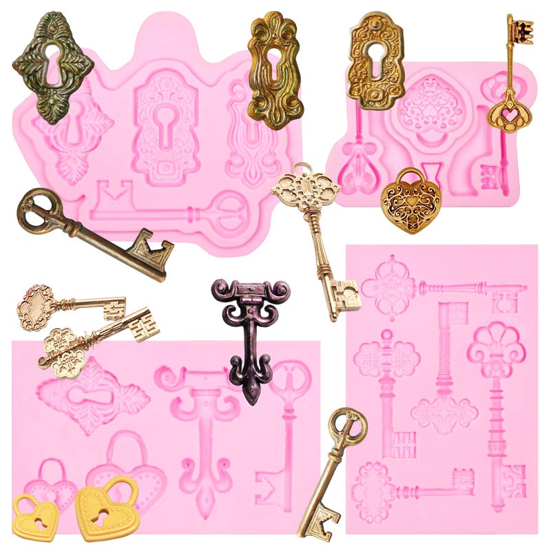 Vintage Key Silicone Fondant Molds Lock Keyhole Chocolate Molds Love Shaped Keys Kitchen Baking Molds for Cake Decoration Cupcake Topper Candy Sugar Craft Gum Paste Clay Resin