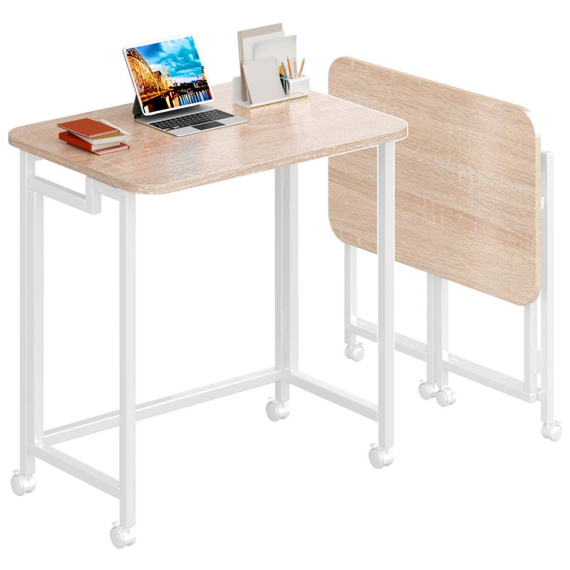 4NM 23.6" Mobile Small Rolling Computer Desk, Folding Laptop Cart Table with Wheels, Portable Office Desk for Small Space Couch Bed - Natural and White - Image 1