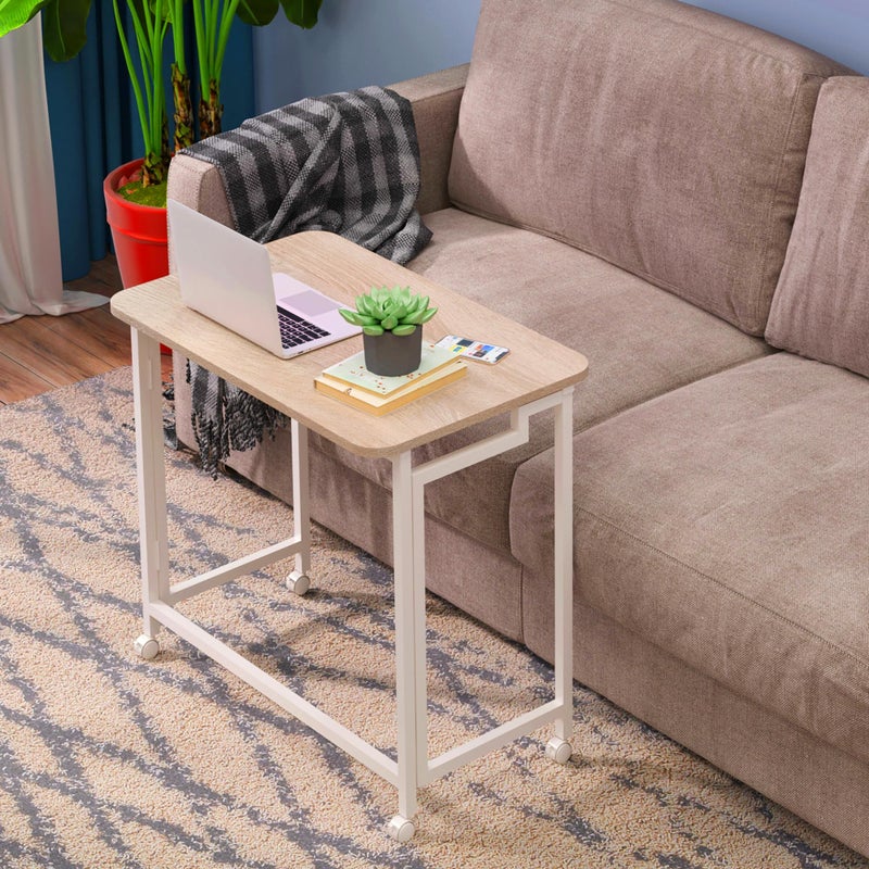 4NM 23.6" Mobile Small Rolling Computer Desk, Folding Laptop Cart Table with Wheels, Portable Office Desk for Small Space Couch Bed - Natural and White - Image 4