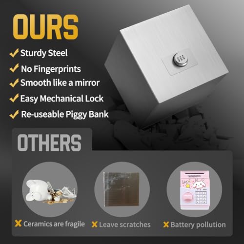 hicocool Piggy Bank for Adults Password Stainless Steel Reusable Piggy Bank, Metal Money Box with Lock, Unbreakable Money Saving Box for Cash Saving(7.9 inch, Silver) - Image 4