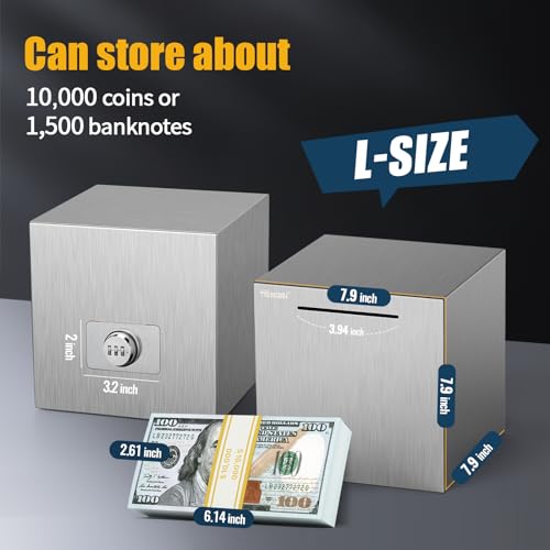 hicocool Piggy Bank for Adults Password Stainless Steel Reusable Piggy Bank, Metal Money Box with Lock, Unbreakable Money Saving Box for Cash Saving(7.9 inch, Silver) - Image 2