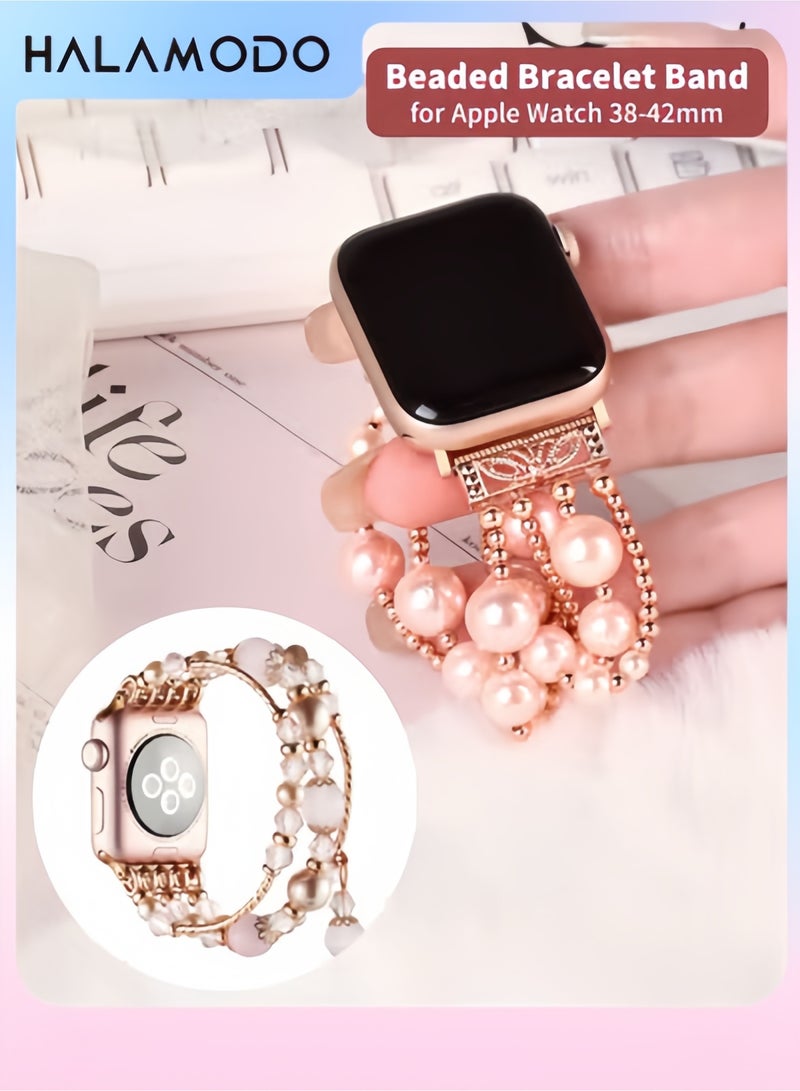 Handmade Beaded Bracelet Band for Apple Watch 38mm/40mm/41mm Fashion Elastic Pearl Strap for Women Compatible with iWatch Series 1-9 SE Adjustable Stretch Wristband - Image 1