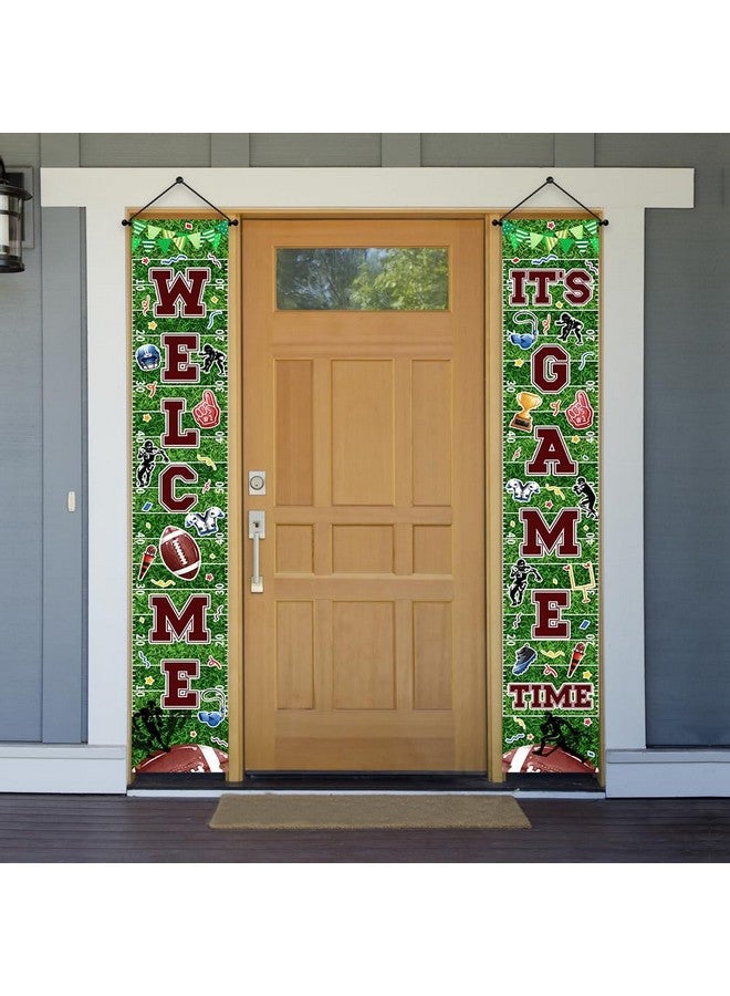 Ticuenicoa Football Porch Sign Banner- 2pcs Green Welcome It's Game Time Football Porch Sign Banner | Hanging Door Banner for Sports Theme Party & Game Time Festival Party Supplies - Image 2