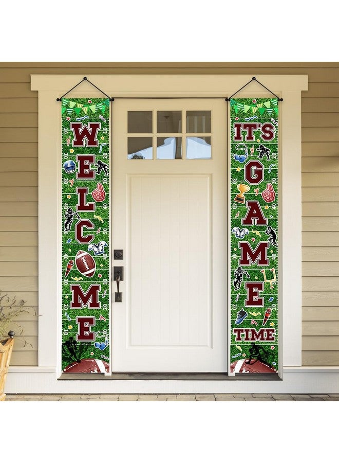 Ticuenicoa Football Porch Sign Banner- 2pcs Green Welcome It's Game Time Football Porch Sign Banner | Hanging Door Banner for Sports Theme Party & Game Time Festival Party Supplies - Image 1