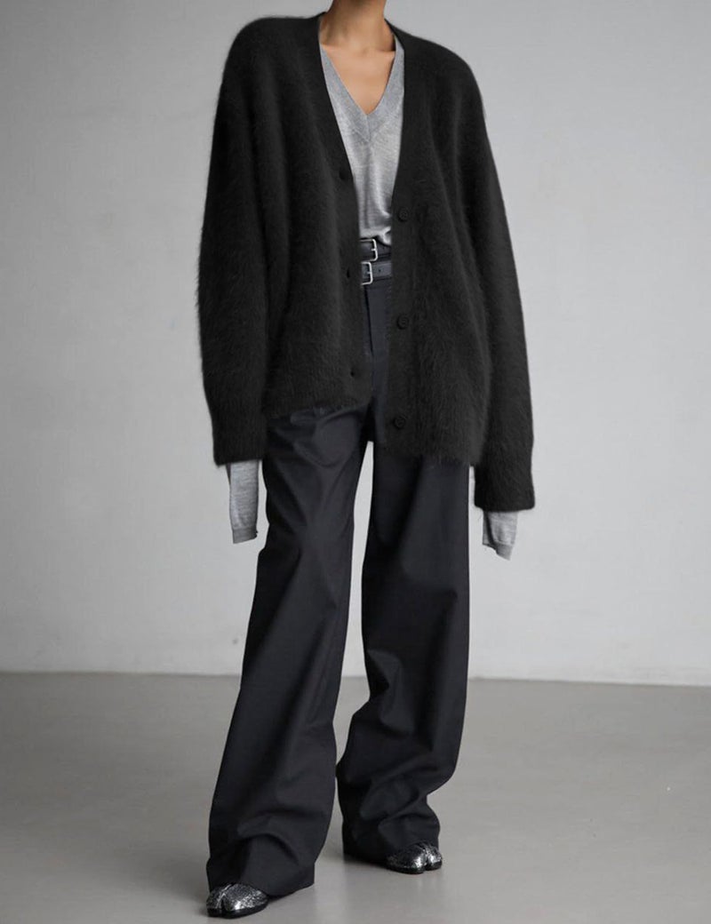 Flygo Womens Fuzzy Mohair Cardigan Sweaters V Neck Button Down Long Sleeve Fluffy Knit Open Front Slouchy Furry Sweater(Black-L) - Image 4