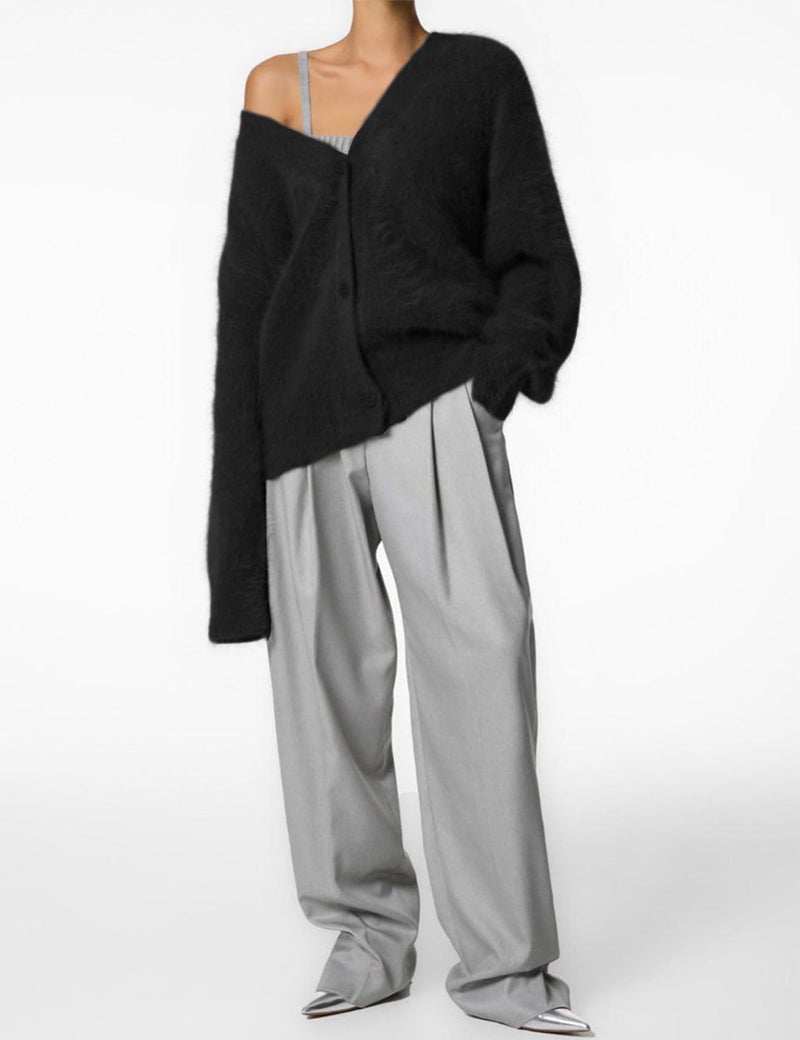 Flygo Womens Fuzzy Mohair Cardigan Sweaters V Neck Button Down Long Sleeve Fluffy Knit Open Front Slouchy Furry Sweater(Black-L) - Image 5