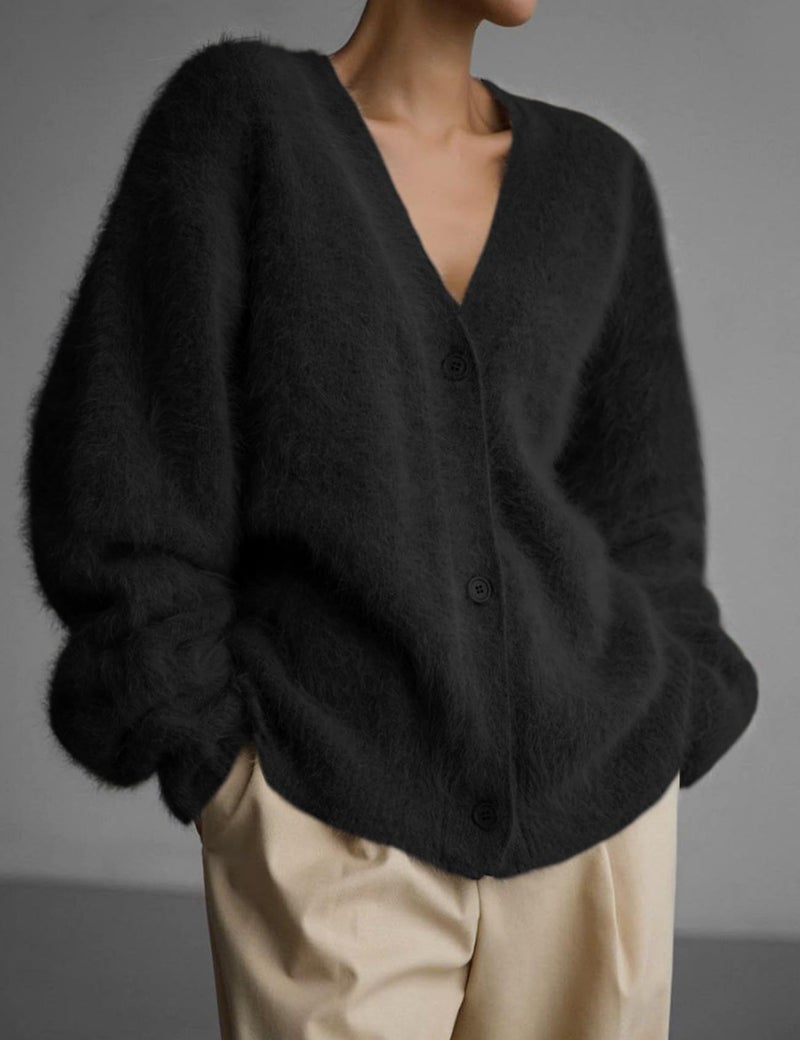 Flygo Womens Fuzzy Mohair Cardigan Sweaters V Neck Button Down Long Sleeve Fluffy Knit Open Front Slouchy Furry Sweater(Black-L) - Image 2