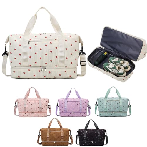 Aikelai Strawberry Duffle Bag for GirlsCorduroy Gym Bag with Shoe Compartment Wet PocketCute Travel Bag Weekend Bag Dance Bag for Kids white - Image 1