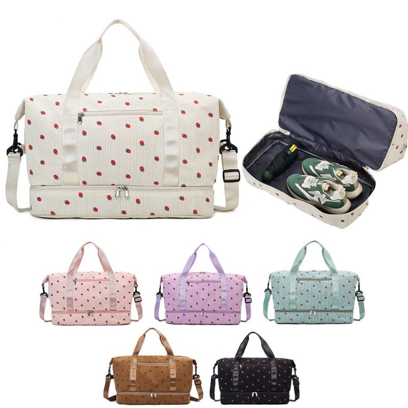 Aikelai Strawberry Duffle Bag for GirlsCorduroy Gym Bag with Shoe Compartment Wet PocketCute Travel Bag Weekend Bag Dance Bag for Kids white - Image 2