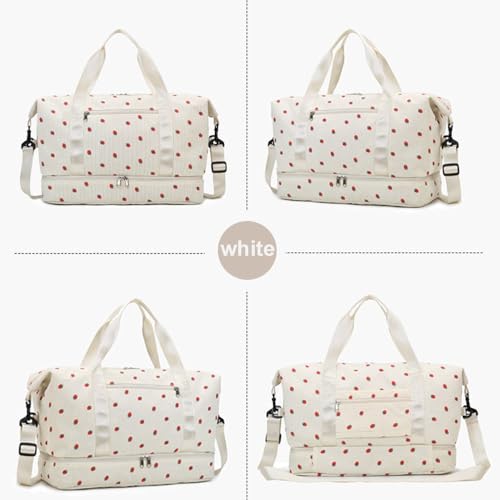 Aikelai Strawberry Duffle Bag for GirlsCorduroy Gym Bag with Shoe Compartment Wet PocketCute Travel Bag Weekend Bag Dance Bag for Kids white - Image 3