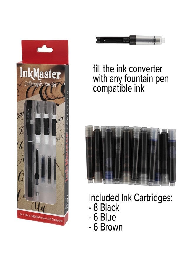 cezanne Ink Master Calligraphy Set Fountain Pens 4 Different Size Nibs and 20 Assorted Ink Cartridges Plus One Bottled Converter - Complete Easy Learning Kit for Beginners - Image 2