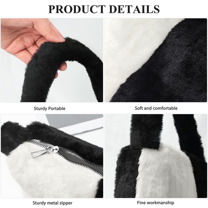 KPX Fuzzy Tote Bag Y2K Fluffy Shoulder Bag Women Furry Purse Large Cute Plush Bag Ladies Faux Fur Bag for Autumn and Winter (Black White) - Image 4