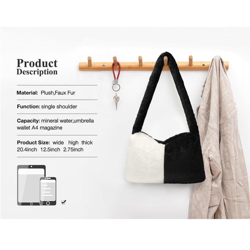 KPX Fuzzy Tote Bag Y2K Fluffy Shoulder Bag Women Furry Purse Large Cute Plush Bag Ladies Faux Fur Bag for Autumn and Winter (Black White) - Image 2