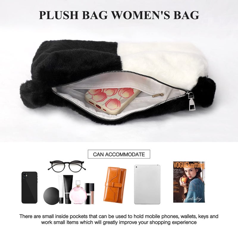 KPX Fuzzy Tote Bag Y2K Fluffy Shoulder Bag Women Furry Purse Large Cute Plush Bag Ladies Faux Fur Bag for Autumn and Winter (Black White) - Image 3