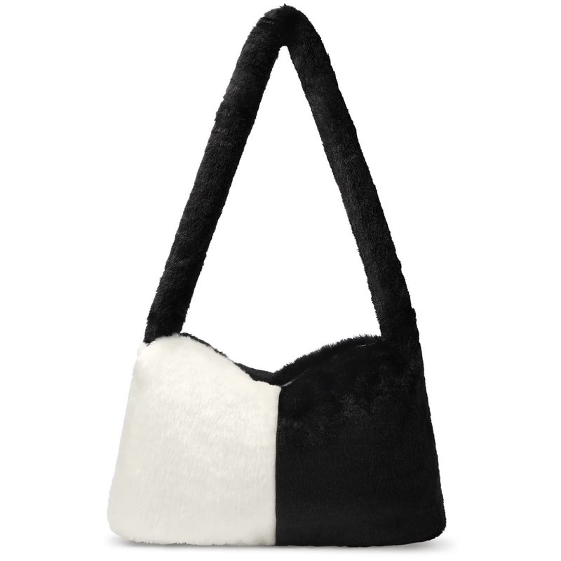 KPX Fuzzy Tote Bag Y2K Fluffy Shoulder Bag Women Furry Purse Large Cute Plush Bag Ladies Faux Fur Bag for Autumn and Winter (Black White) - Image 1