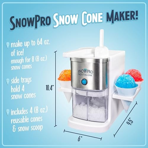 Nostalgia SnowPro Electric Shaved Ice & Snow Cone Maker 64-Ounce Ice Shaving Capacity, 4 Reusable Cones, Side Shelves, and Scoop Included - Image 2