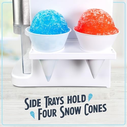 Nostalgia SnowPro Electric Shaved Ice & Snow Cone Maker 64-Ounce Ice Shaving Capacity, 4 Reusable Cones, Side Shelves, and Scoop Included - Image 4
