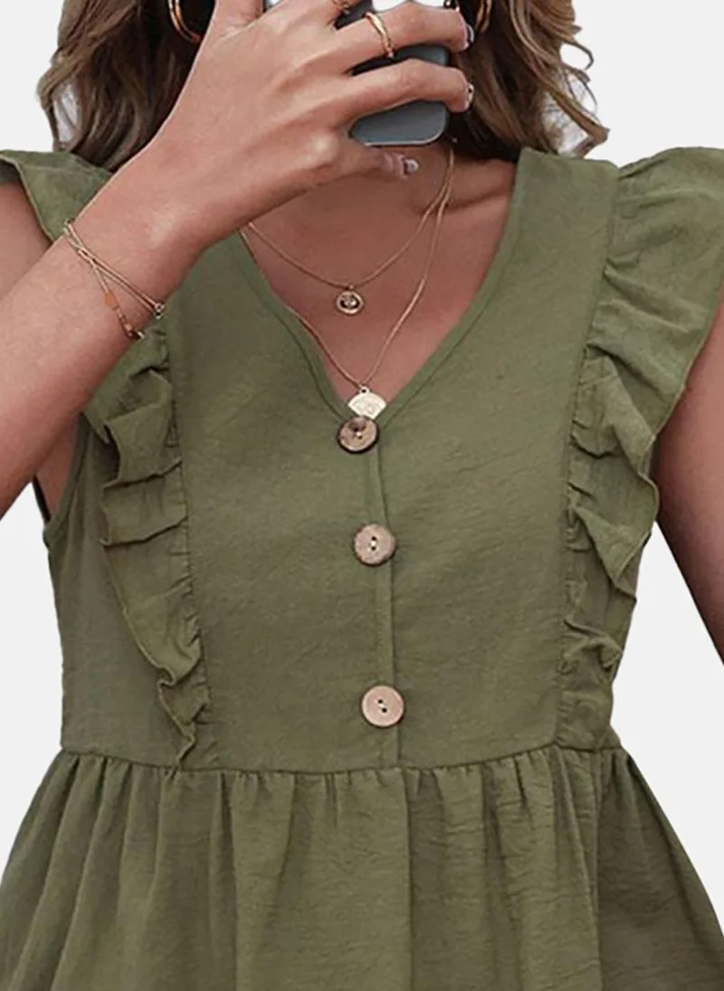 يونيكي Olive Solid Cap Sleeve V Neck Tunics