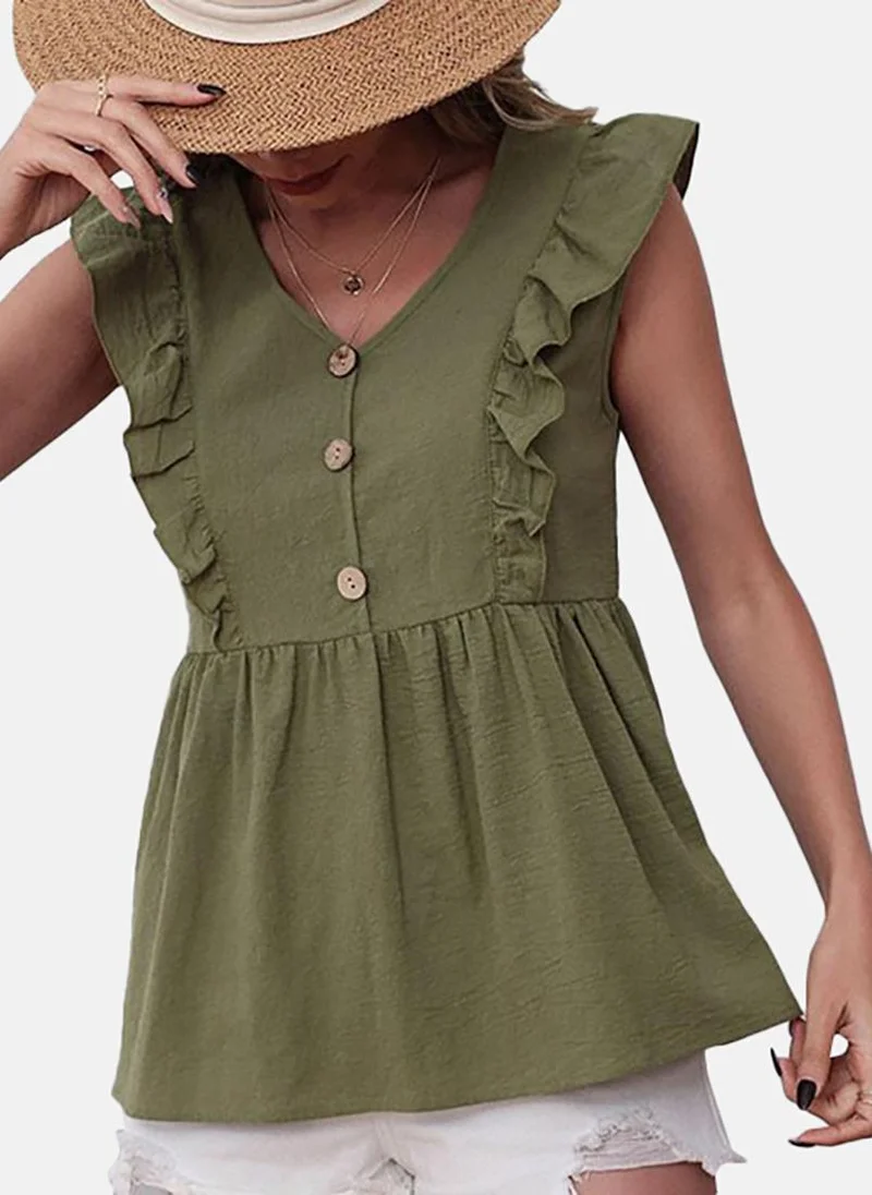 يونيكي Olive Solid Cap Sleeve V Neck Tunics