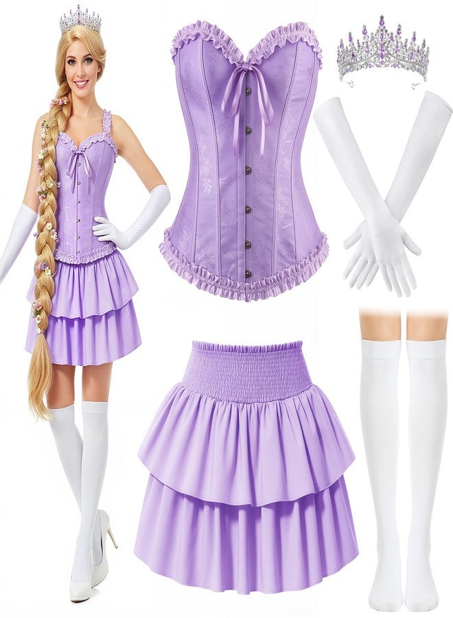 JaGely 5 Pcs Princess Fairy Costume for Women Halloween Corset Tops Skirt Headband Gloves Socks Adult Dress Role Play Party, Purple, S - Image 1