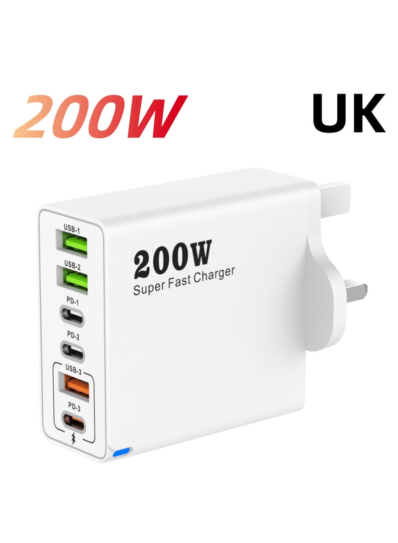 200W UK 6 Ports Multifunctional Super Fast Charger Adapter Mobile Phone Wall Charger Travel Power Adapter White - Image 1