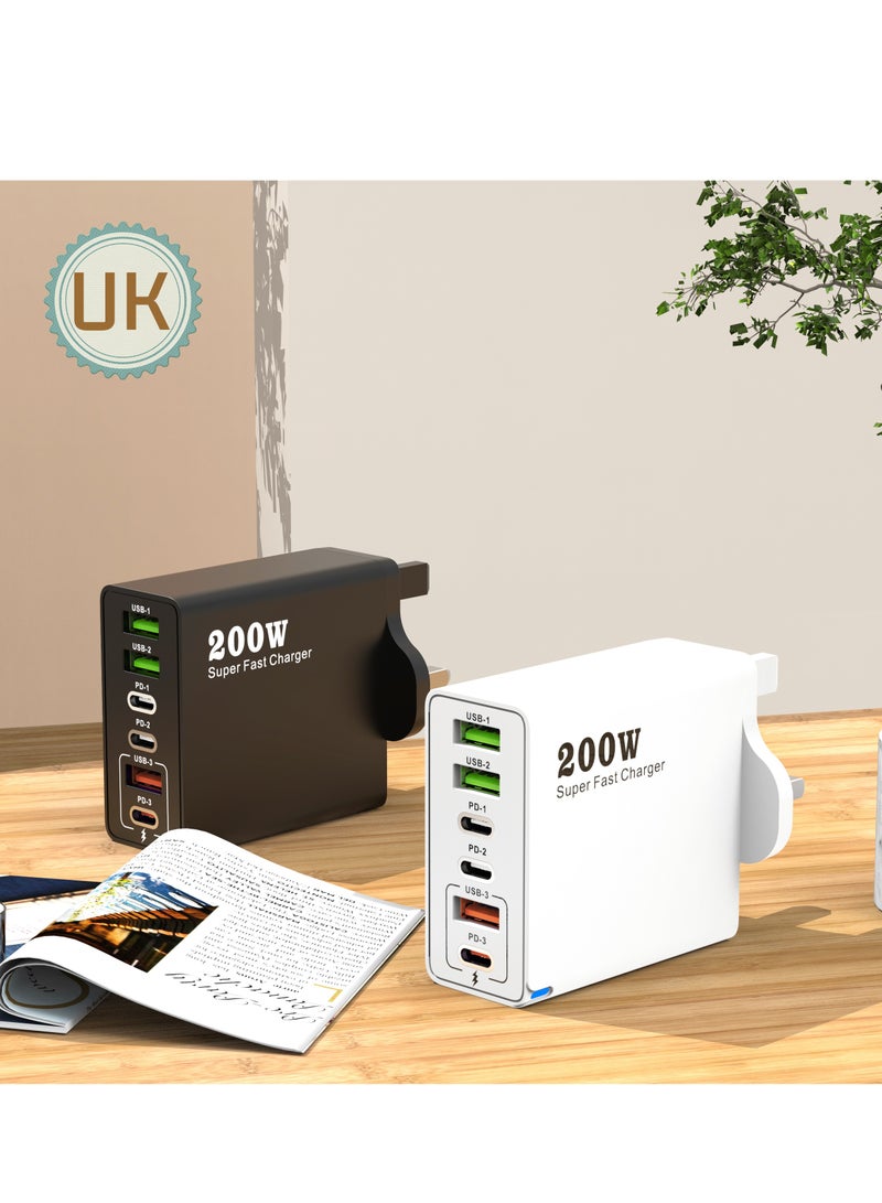 200W UK 6 Ports Multifunctional Super Fast Charger Adapter Mobile Phone Wall Charger Travel Power Adapter White - Image 2