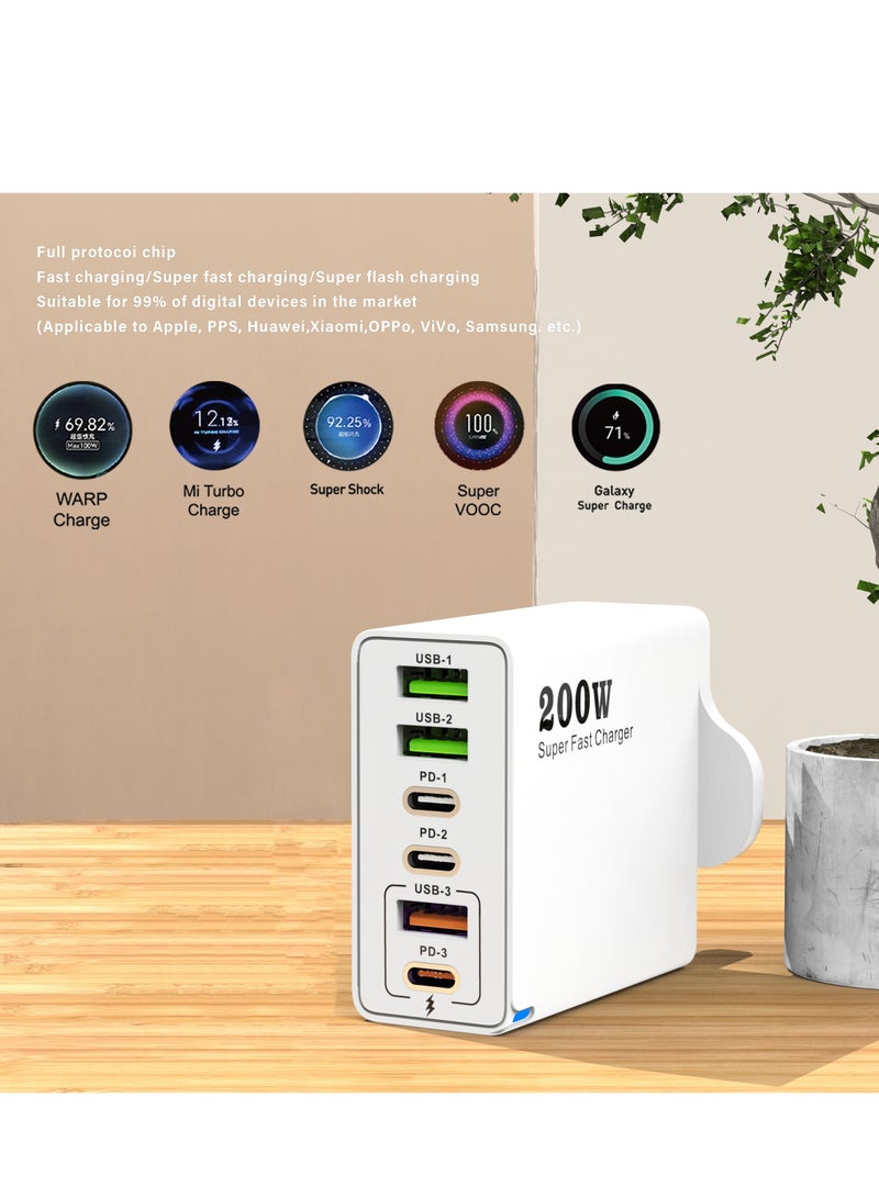 200W UK 6 Ports Multifunctional Super Fast Charger Adapter Mobile Phone Wall Charger Travel Power Adapter White - Image 4