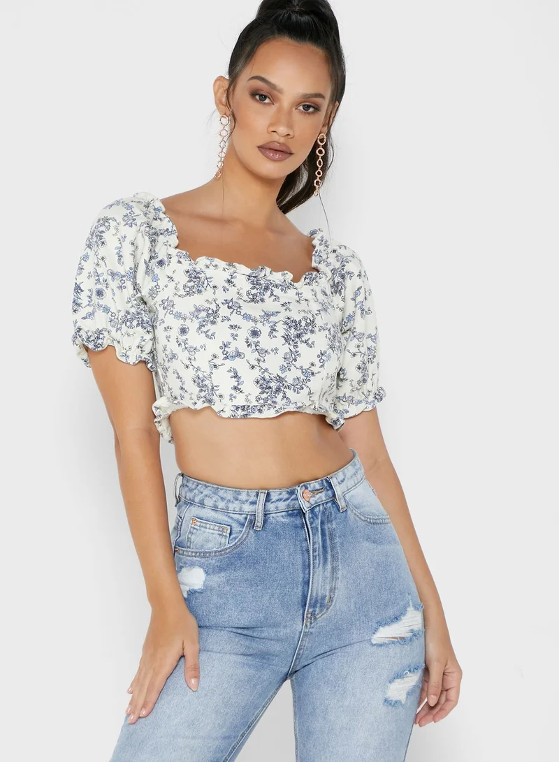 Missguided Floral Square Puff Sleeve Top