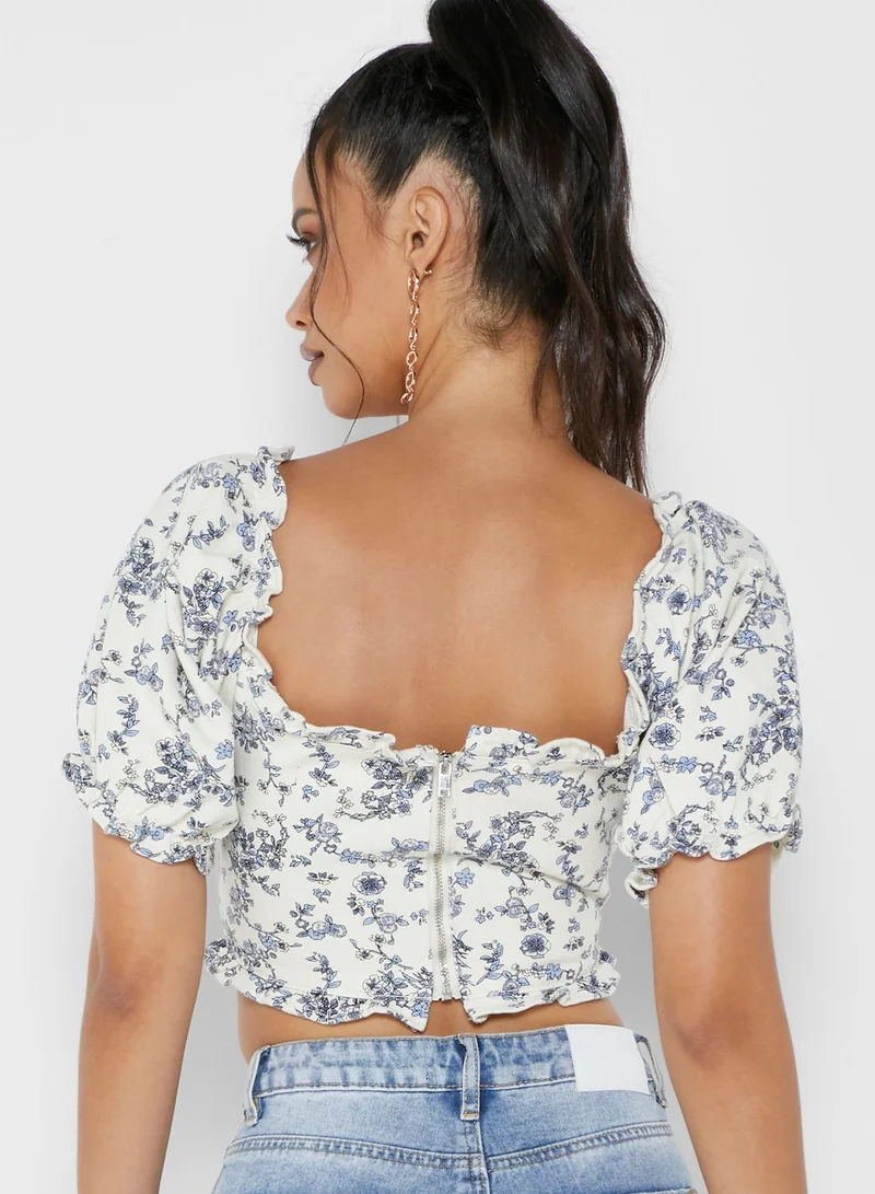 Missguided Floral Square Puff Sleeve Top