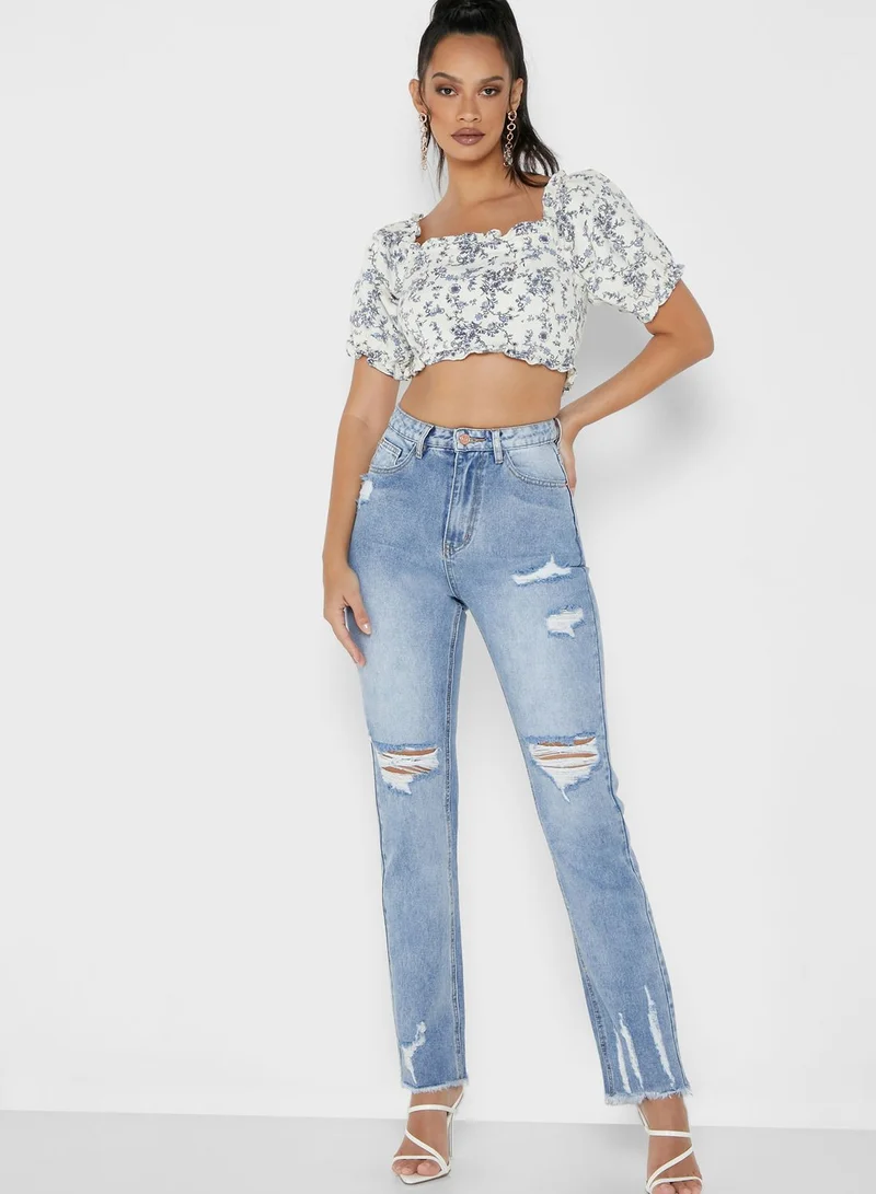 Missguided Floral Square Puff Sleeve Top