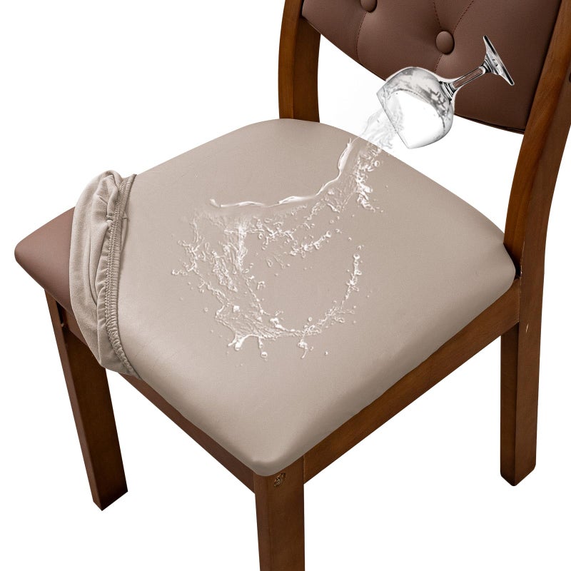 YUEANG Waterproof PU Leather Seat Covers for Dining Room Chairs Set of 6, Stretch Dining Chair Slipcovers, Kitchen Chair Seat Covers, Non-Slip & Washable (Khaki) - Image 1