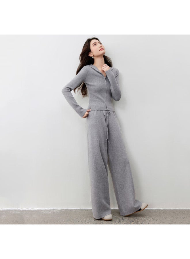 Sentubila Elegant Xiaomi Fleece Set For Women, Autumn Hooded Zip-up Cardigan Long-sleeve Top With Elastic Wide-leg Casual Pants Two-piece Set