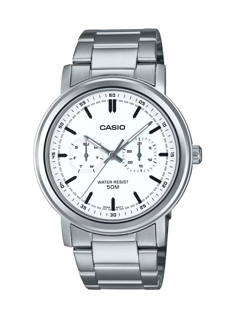 CASIO ساعة يد للرجال من الفولاذ المقاوم للصدأ بقرص أبيض من كوارتر MTP-E335D-7EV