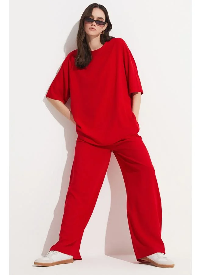 JUNE June Viscose Blouse & Trouser Set Red