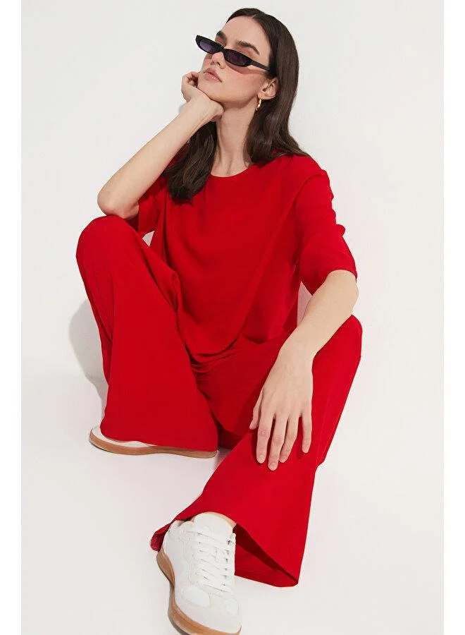 JUNE June Viscose Blouse & Trouser Set Red