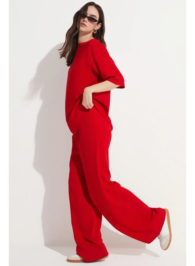 JUNE June Viscose Blouse & Trouser Set Red