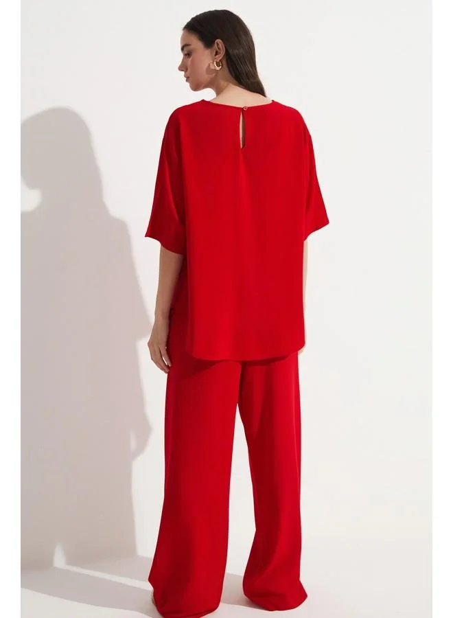 JUNE June Viscose Blouse & Trouser Set Red