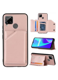 HuHa Case Cover For Realme C15 Skin Feel PU + TPU + PC Back Cover Shockproof Case with Card Slots & Holder & Photo Frame Rose Gold 