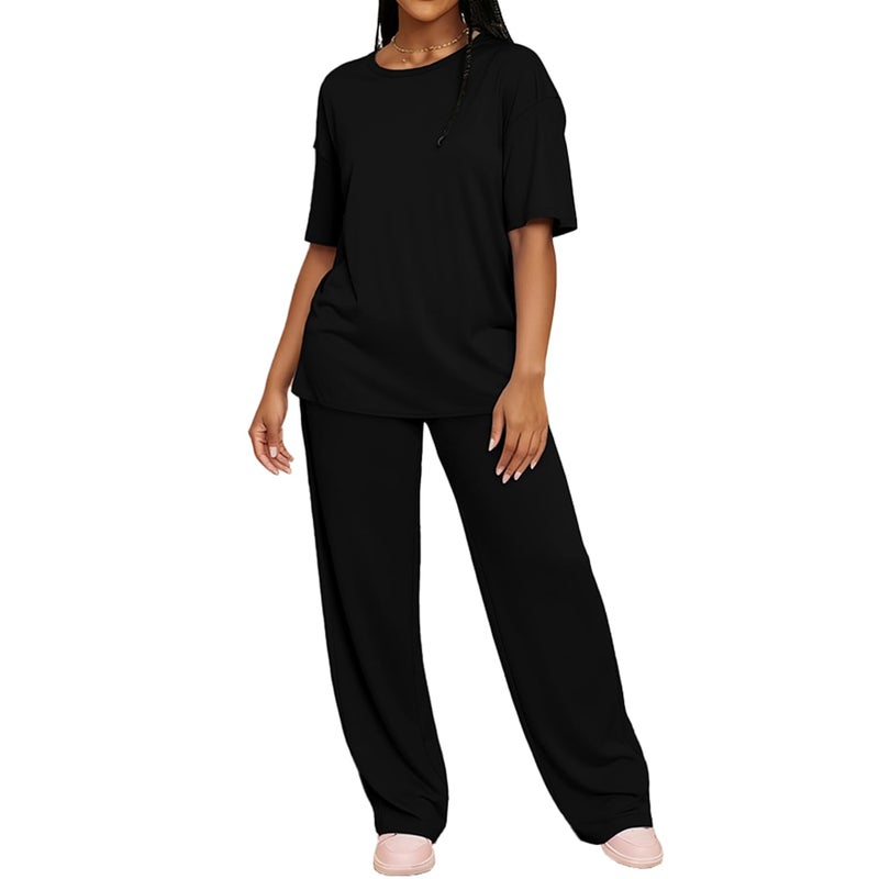 HBQ Women's 2 Piece Outfits Loose Fit Tops Wide Leg Pants Short Sleeve Lounge Matching Sets Sweatsuits-Black-L - Image 1