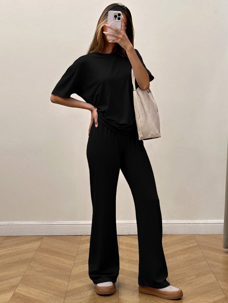 HBQ Women's 2 Piece Outfits Loose Fit Tops Wide Leg Pants Short Sleeve Lounge Matching Sets Sweatsuits-Black-L - Image 4