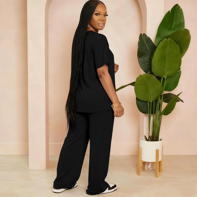 HBQ Women's 2 Piece Outfits Loose Fit Tops Wide Leg Pants Short Sleeve Lounge Matching Sets Sweatsuits-Black-L - Image 3
