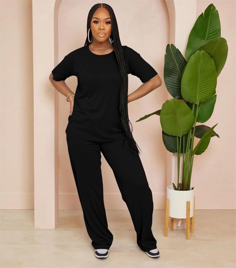 HBQ Women's 2 Piece Outfits Loose Fit Tops Wide Leg Pants Short Sleeve Lounge Matching Sets Sweatsuits-Black-L - Image 2