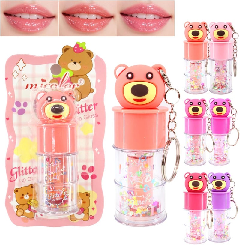 6 Pcs Hydrating Lip Gloss Set Shimmer Glossy Moisturizing Lip Jelly Sequins and Sparkles Lip MakeUp for Kids and Teens Party Gift Cute Bear Keychain Design
