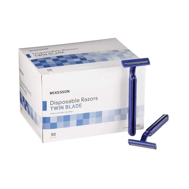 McKesson Disposable Razors 50 Count Shaving Razor Twin Blade Stainless Steel Blade For Men and Women Bulk Blue