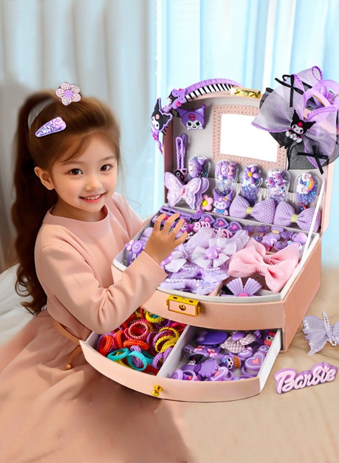 JCB CHIC علبة مجوهرات مع طقم إكسسوارات شعر، طقم إكسسوارات شعر للأطفال منظم صندوق مجوهرات مع 94 قطعة إكسسوارات شعر بما في ذلك المشابك وربطات العنق وأربطة الشعر والأربطة والفواصل - Image 1