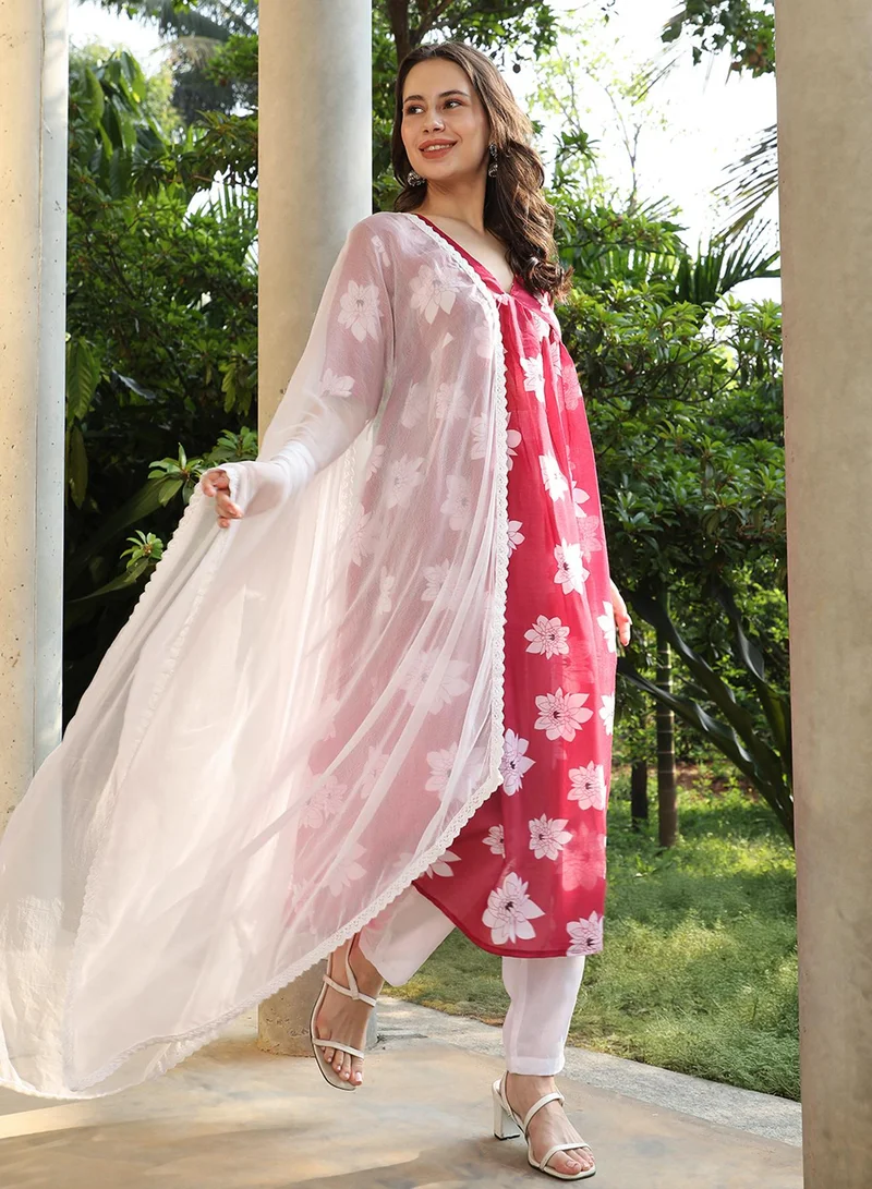 QISSA Women's Crimson Red Water Lilies Kurta With Trousers And Dupatta