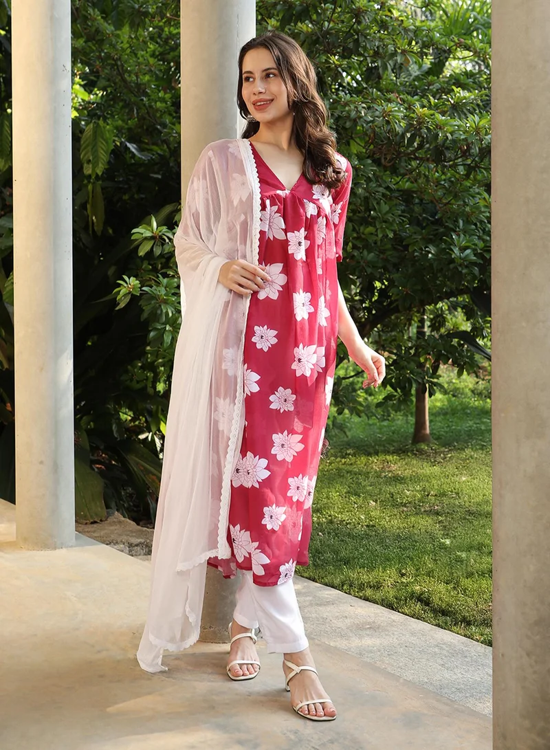 QISSA Women's Crimson Red Water Lilies Kurta With Trousers And Dupatta