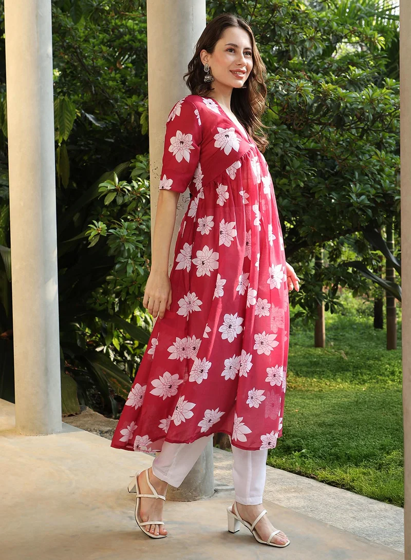 QISSA Women's Crimson Red Water Lilies Kurta With Trousers And Dupatta