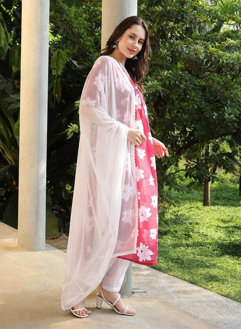 QISSA Women's Crimson Red Water Lilies Kurta With Trousers And Dupatta