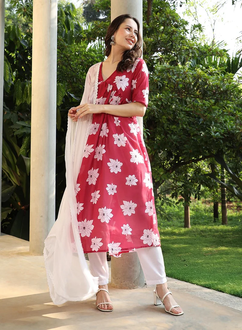 QISSA Women's Crimson Red Water Lilies Kurta With Trousers And Dupatta